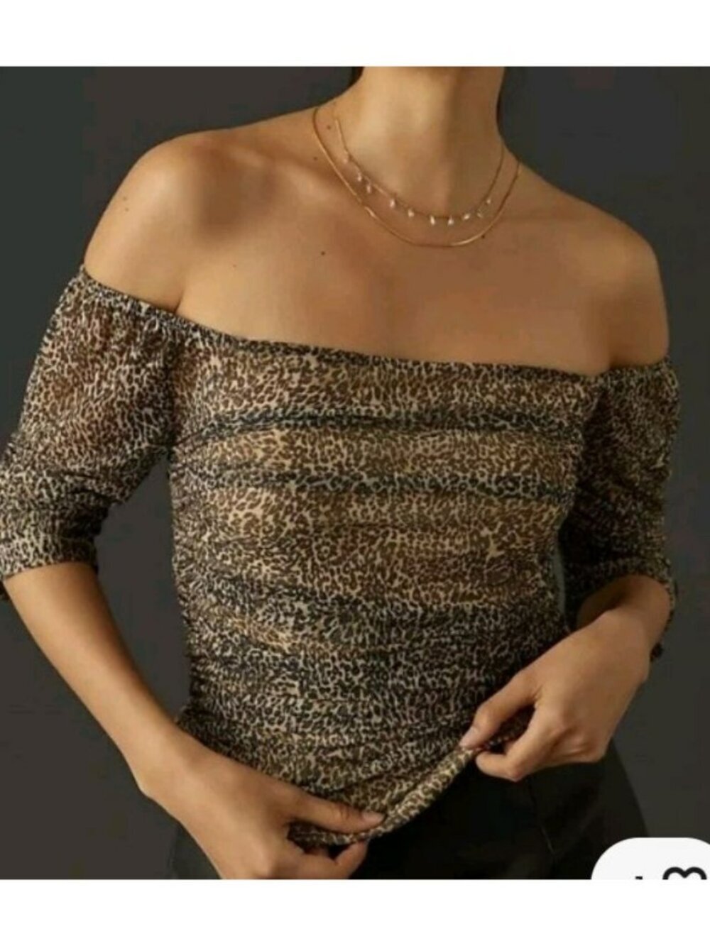 Anthropologie Leopard Print Sheer Blouse With Ruched 3/4 Sleeves Womens Size L